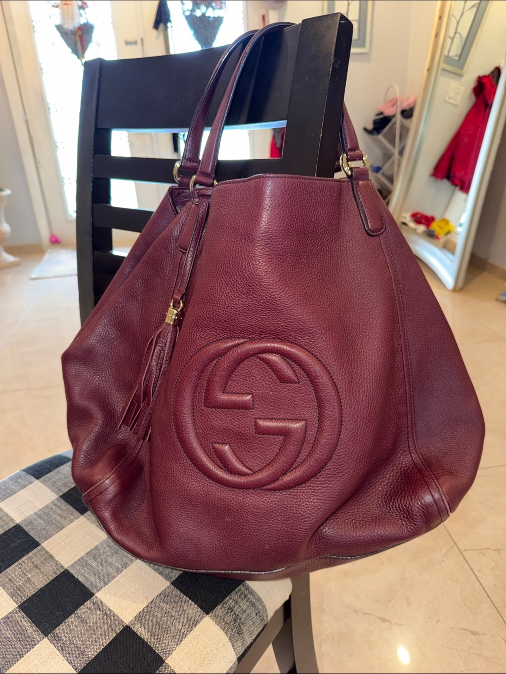 Gucci Women's Deep Burgundy Leather Shoulder Bag with Tassel